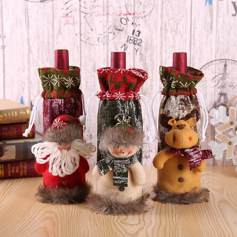 Christmas Decorations New Cute Knitted Fabric Imitation Leather Three-Dimensional Doll Wine Bottle Set Table Decoration