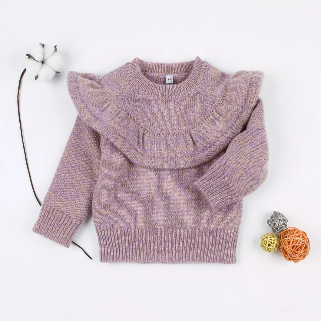 Winter Fashion Ruffled Round Neck Pullover Knit Girl Kids Sweater